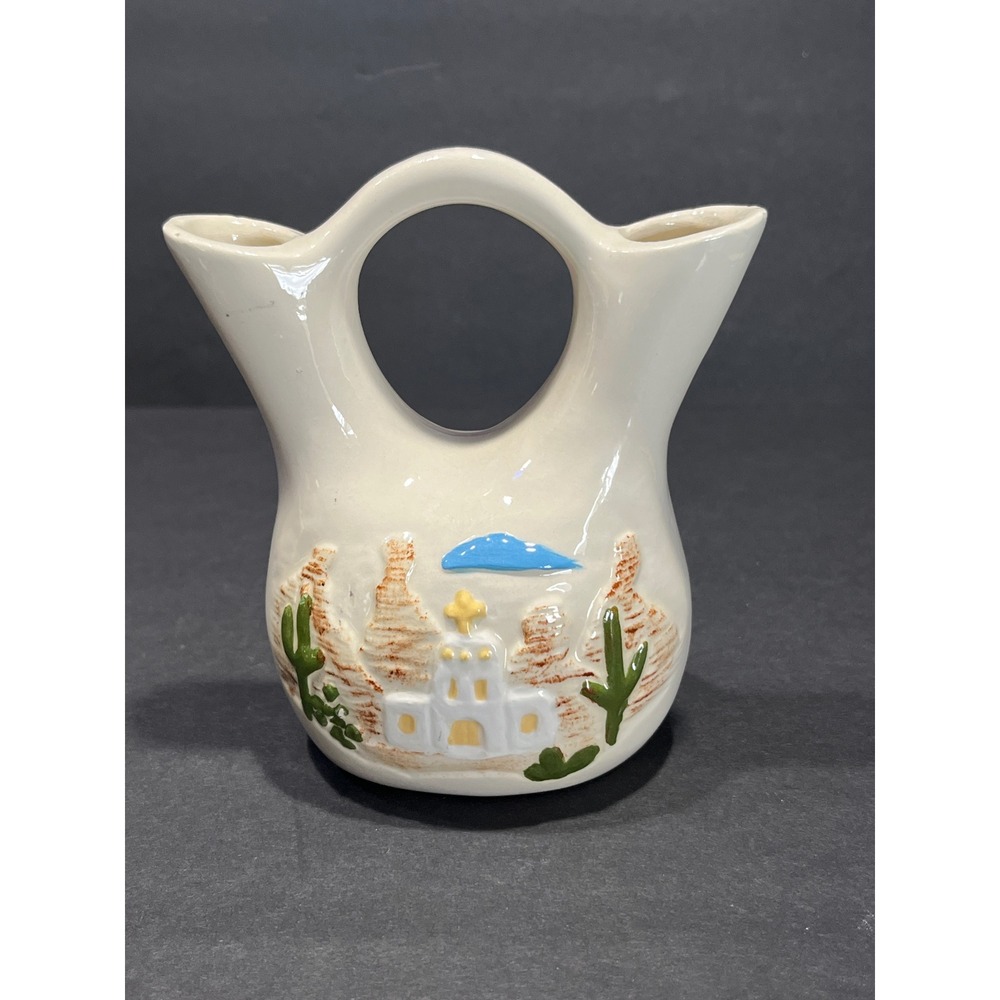 Vintage Southwestern Ceramic Wedding Vase Hand Painted Desert Mission Church 4.5